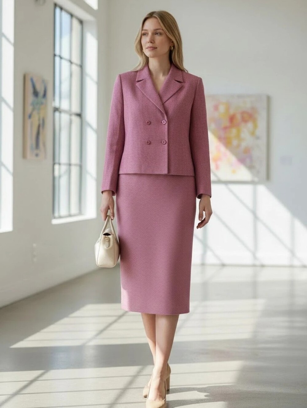 Le Suit Elegant Pink Two-Piece Doublebreast Skirt Set Suit Size 18